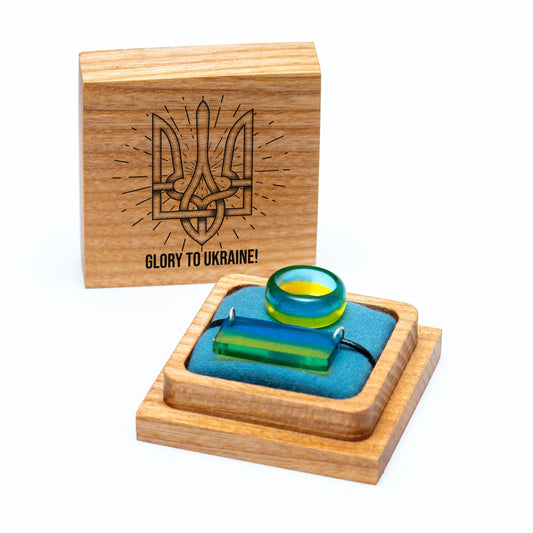 Ukraine Flag Resin Ring and Pendant Set | Engraved Wooden Box