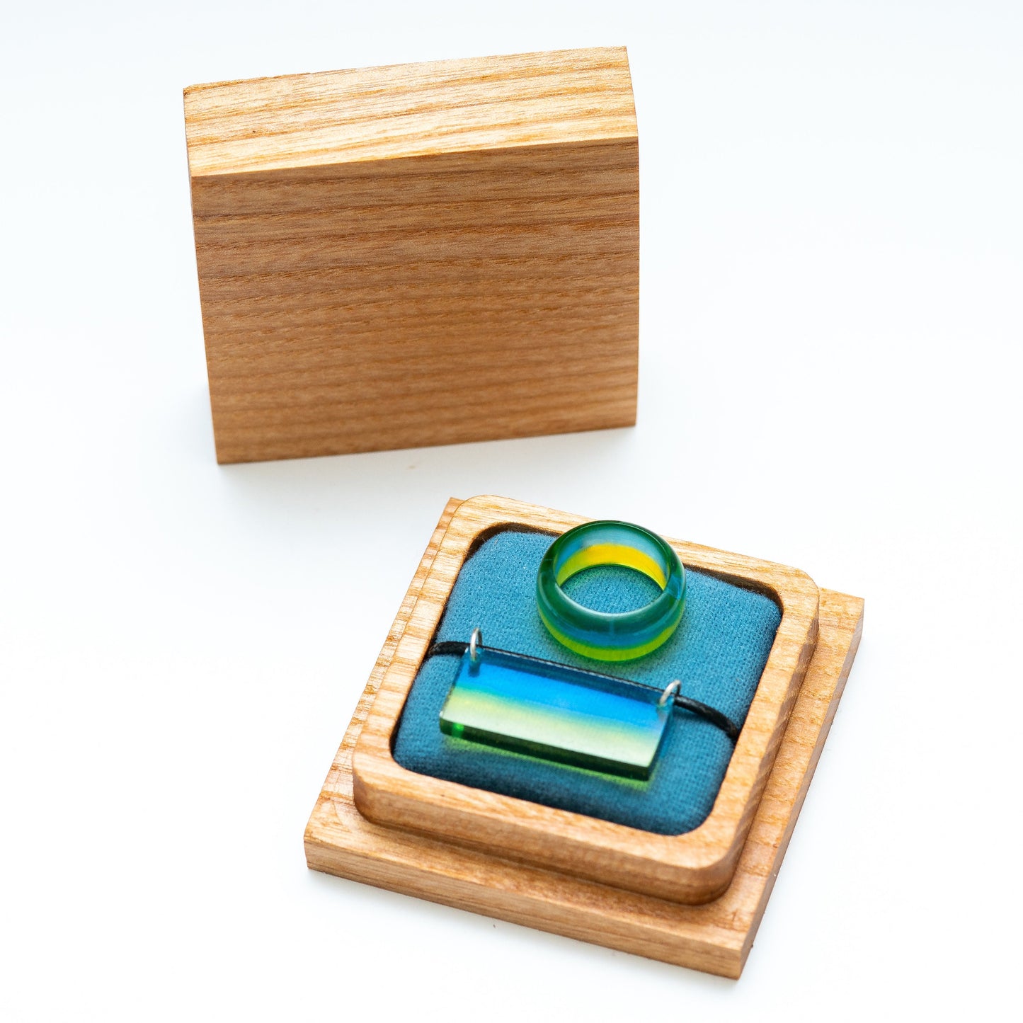 Ukraine Flag Resin Ring and Pendant Set | Engraved Wooden Box