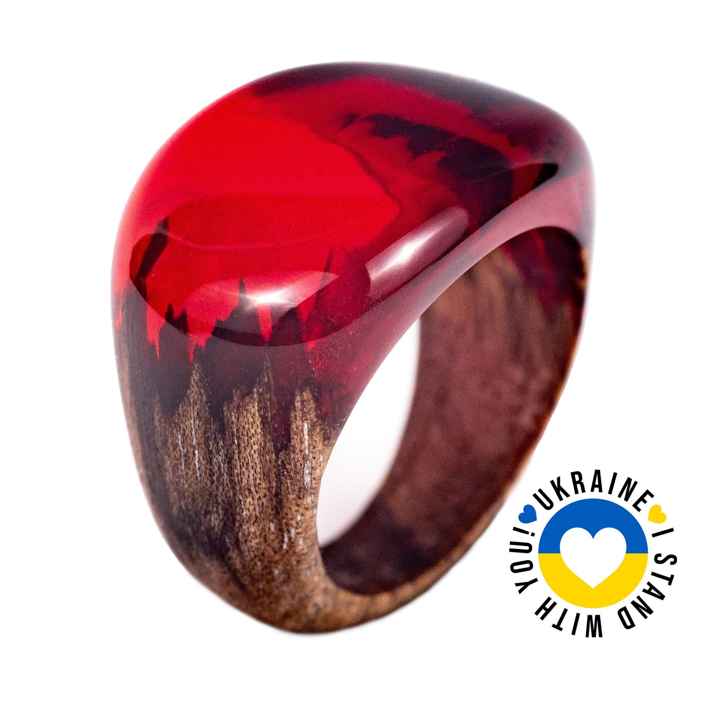 Handmade Ruby Red Resin Wood Ring: Unisex Low Profile