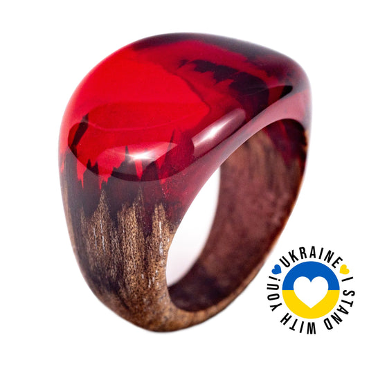 Handmade Ruby Red Resin Wood Ring: Unisex Low Profile