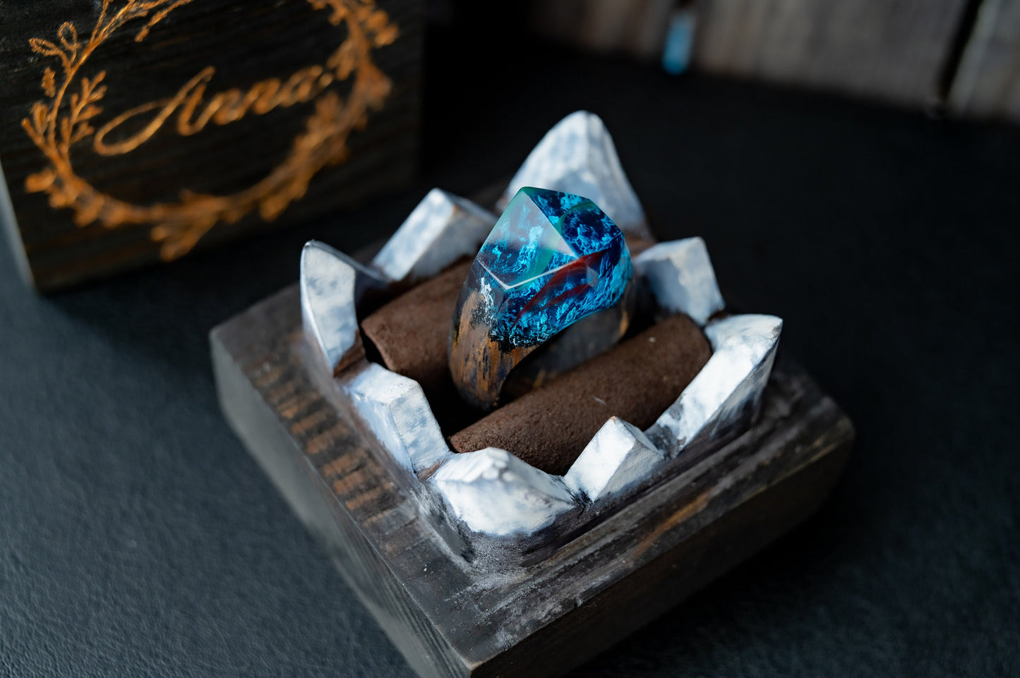 Aurora Borealis Wood Resin Ring Custom Ring Gift for Wife