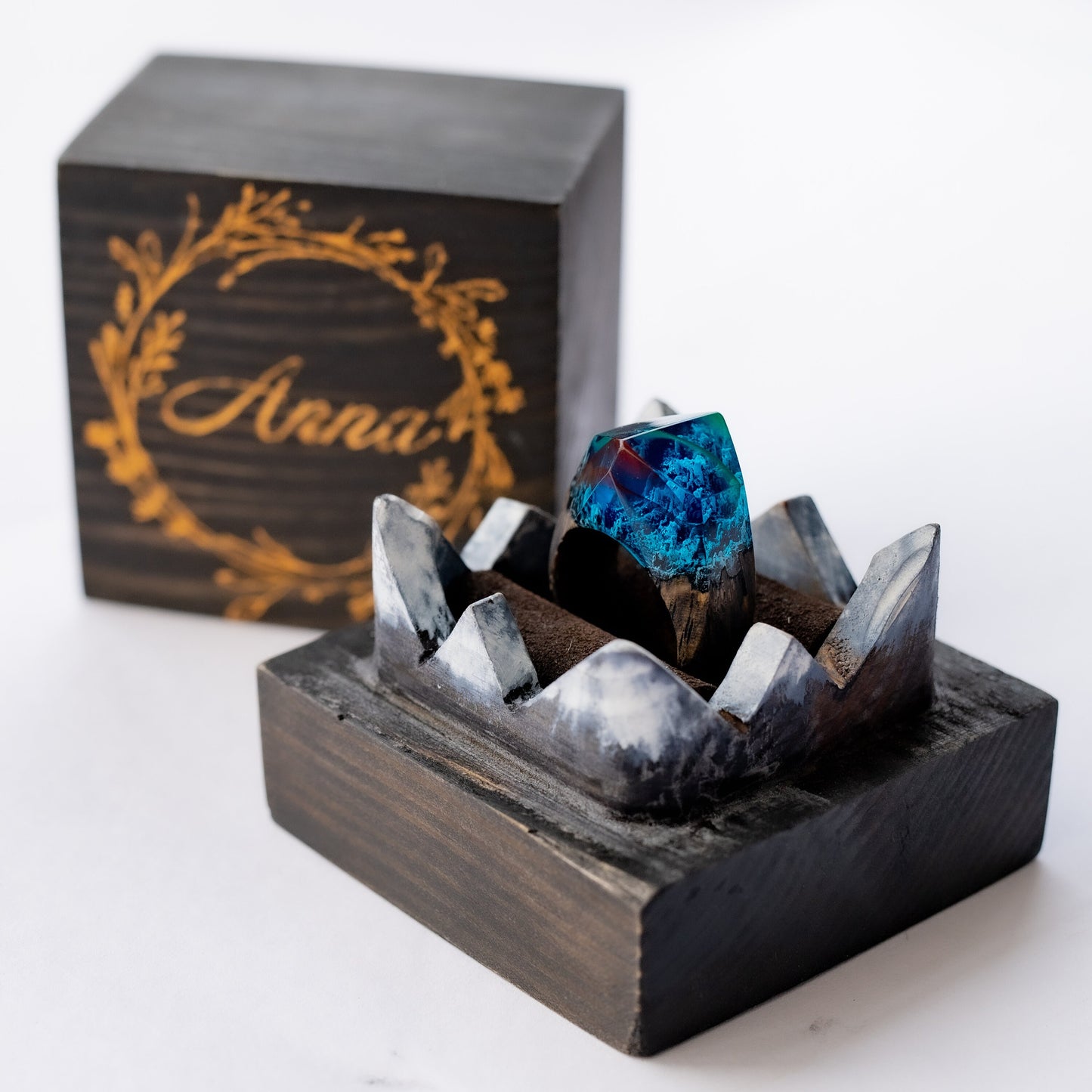 Aurora Borealis Wood Resin Ring Custom Ring Gift for Wife