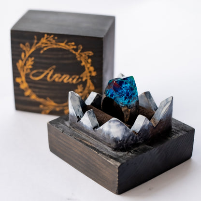 Aurora Borealis Wood Resin Ring Custom Ring Gift for Wife