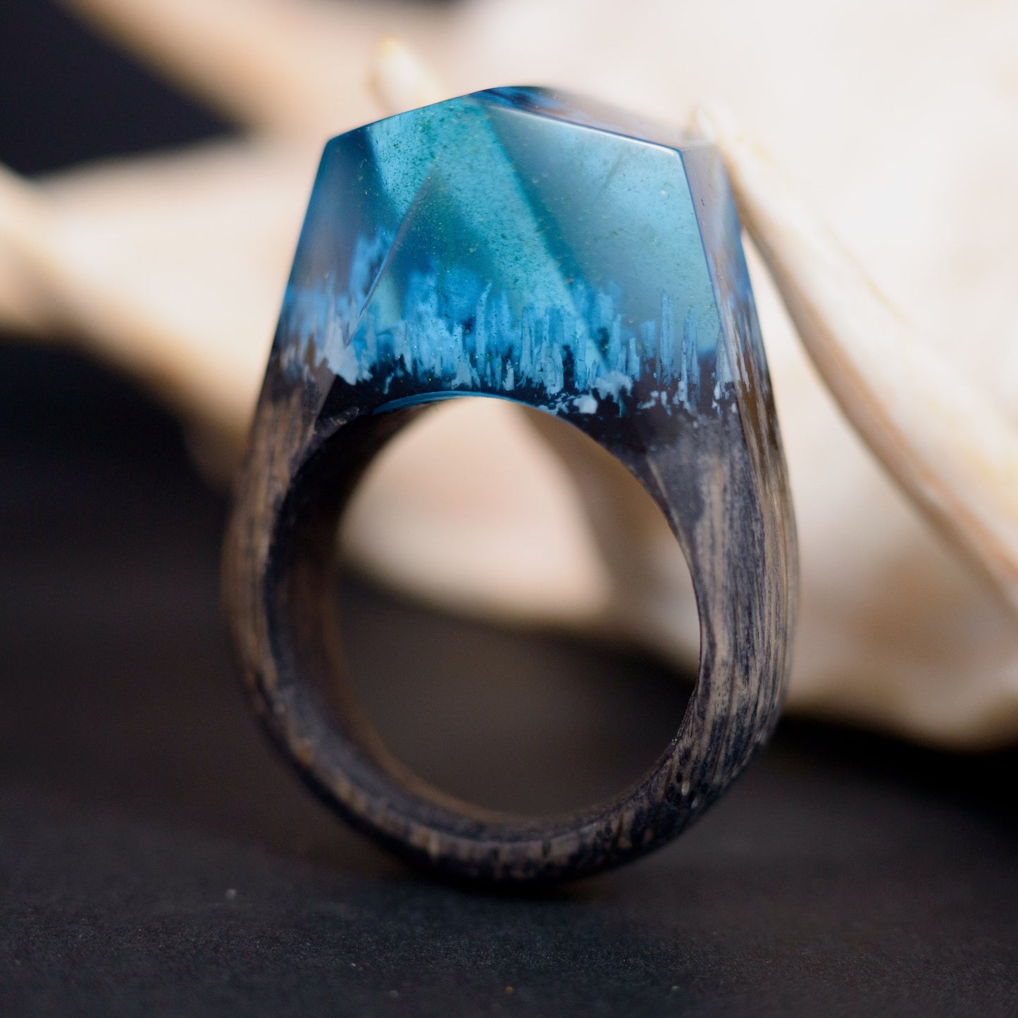 Aurora Borealis Resin Ring: Northern Lights Landscape, Oak Wood Band