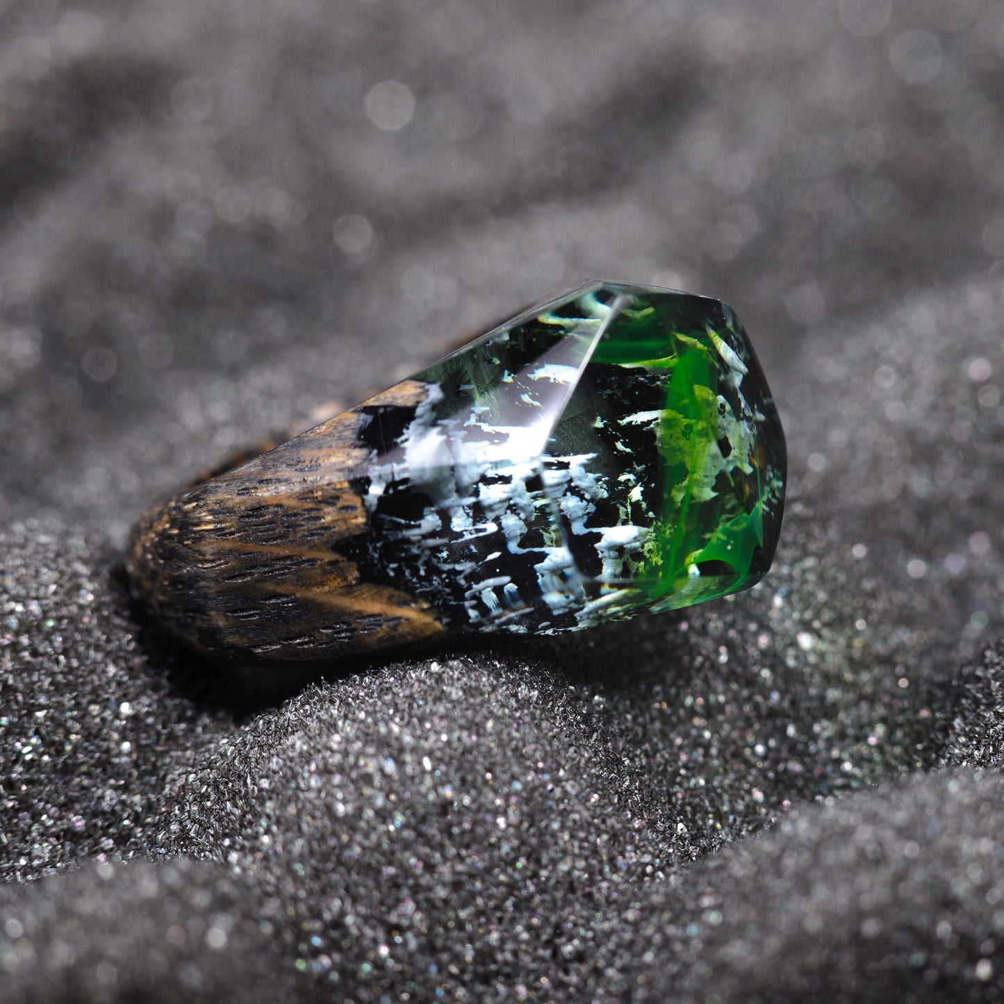Green Aurora Borealis Resin Wood Ring, Handmade Oak Band