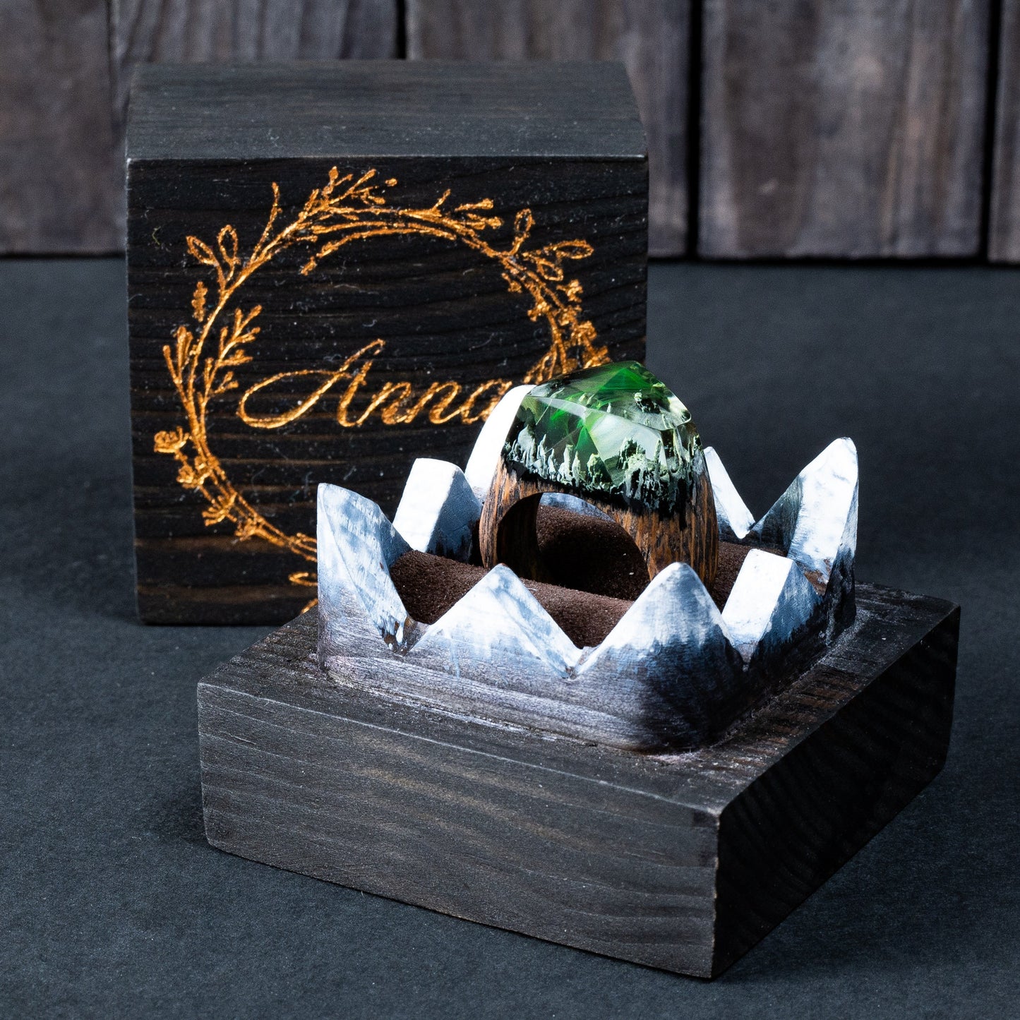 Green Aurora Borealis Resin Wood Ring, Handmade Oak Band