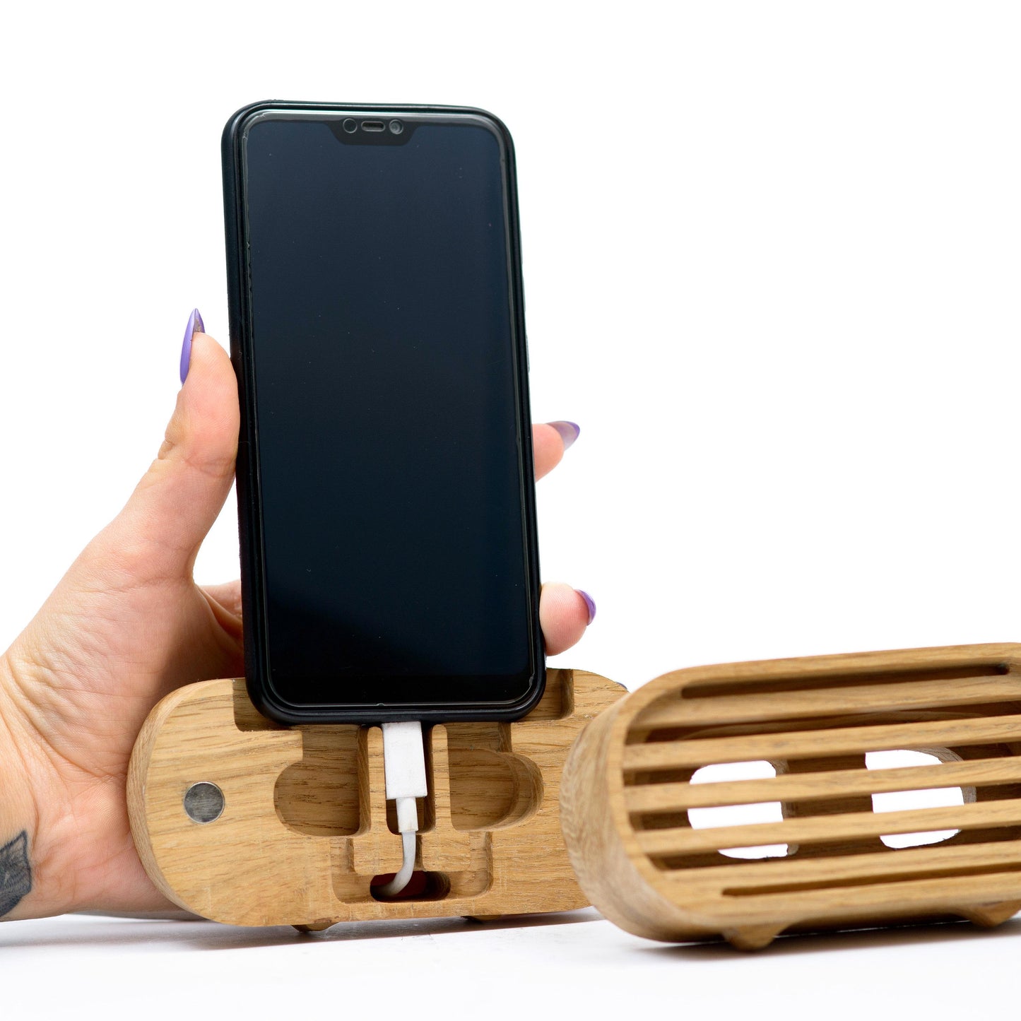 Compact wooden phone speaker with amplifier effect, perfect desk organizer and gift