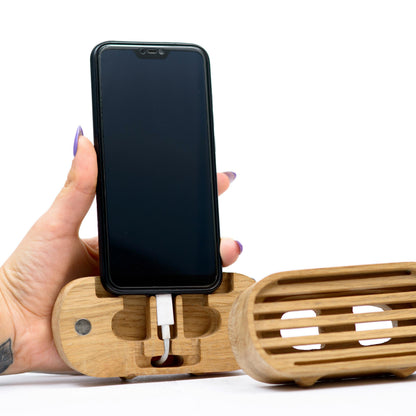 Compact wooden phone speaker with amplifier effect, perfect desk organizer and gift