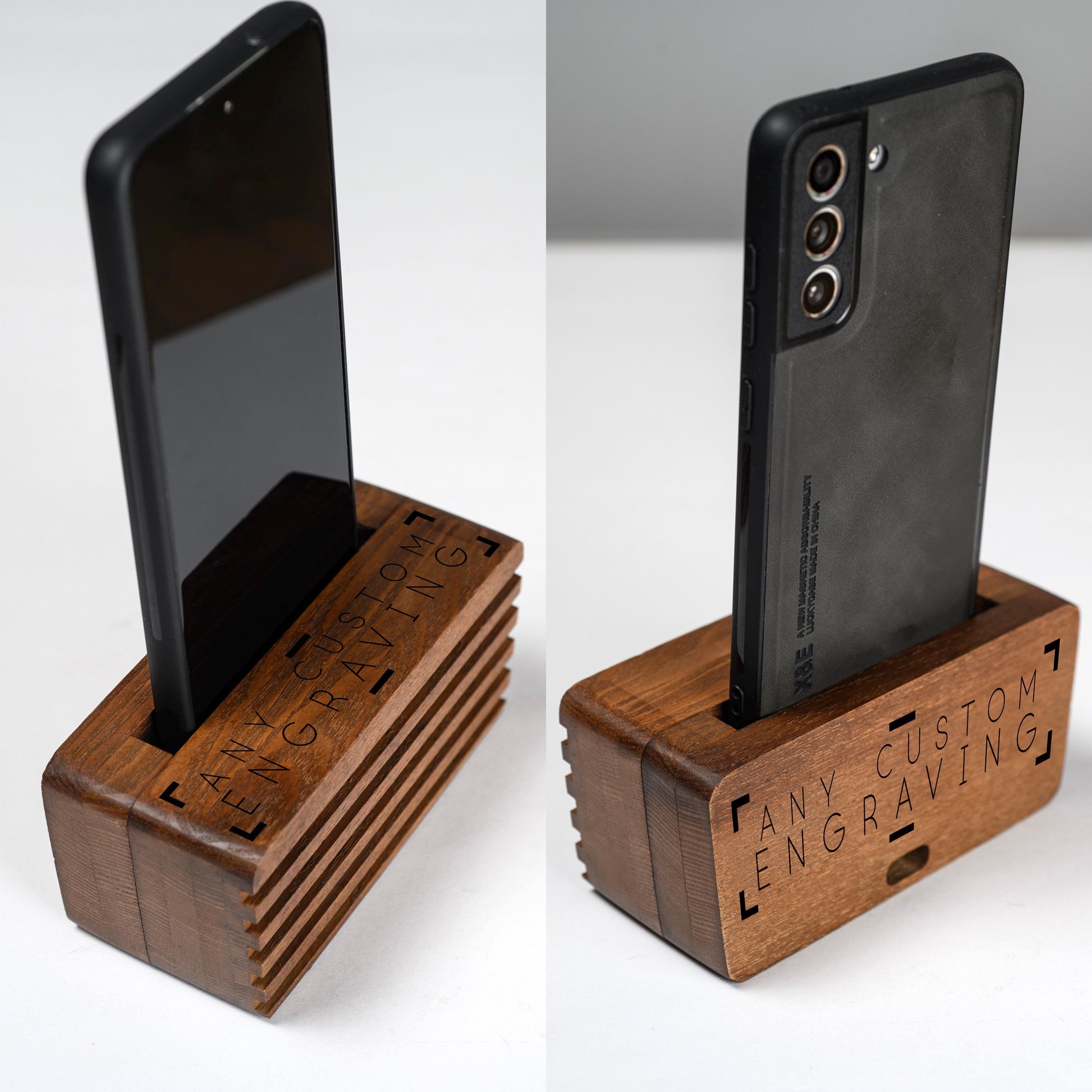 Personalized wooden phone speaker with custom engraving, perfect gift for anniversary or birthday.