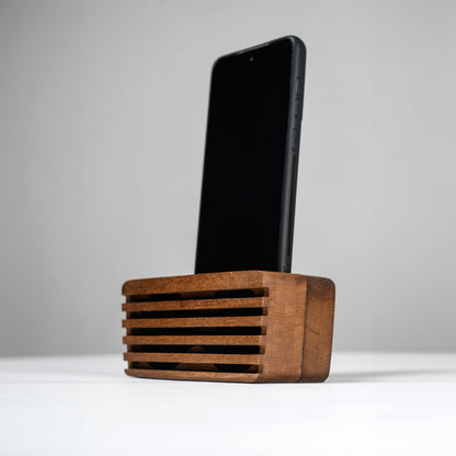 Handmade wooden phone speaker made from ash wood, passive sound amplifier for iPhone and Android.