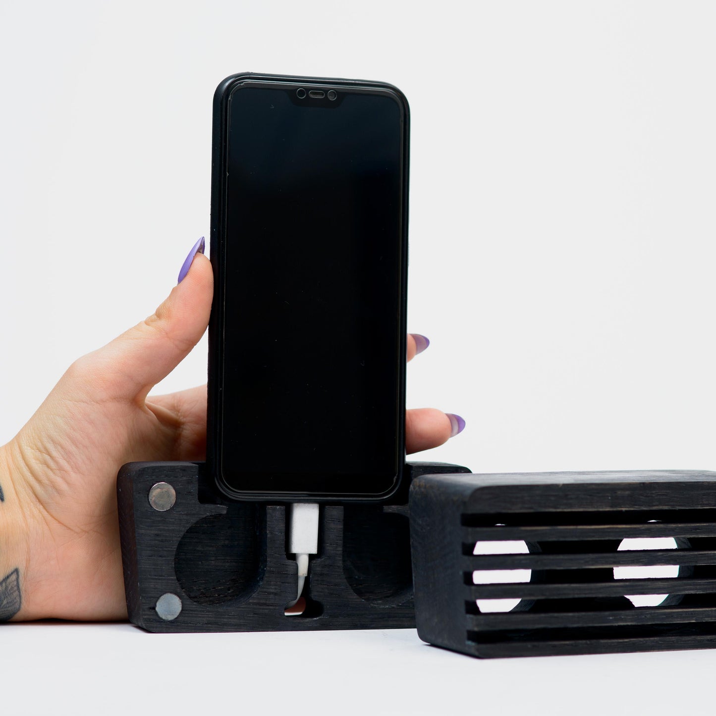 Rustic wooden phone speaker and stand, perfect office desk accessory and corporate gift.
