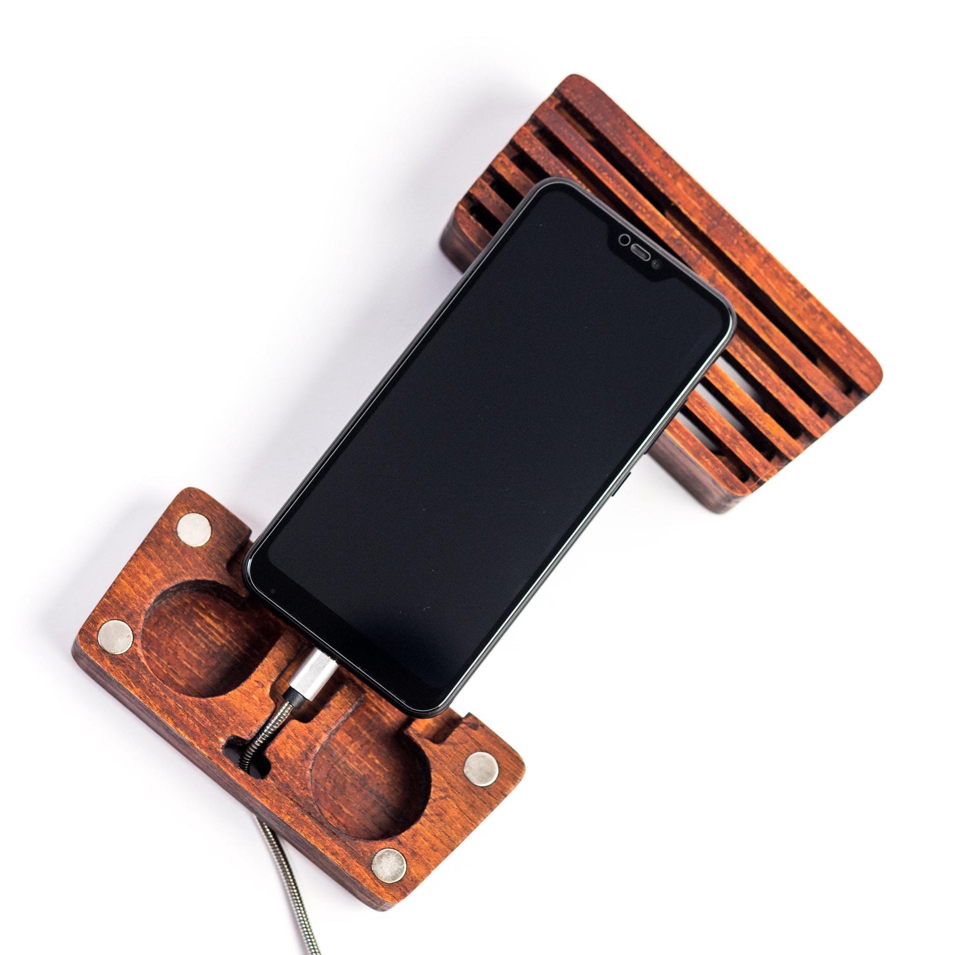 Rustic wooden phone speaker and stand, perfect office desk accessory and corporate gift.