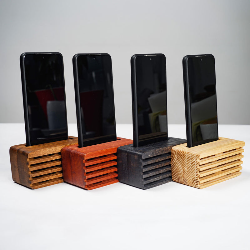 Handmade wooden phone speaker made from ash wood, passive sound amplifier for iPhone and Android.