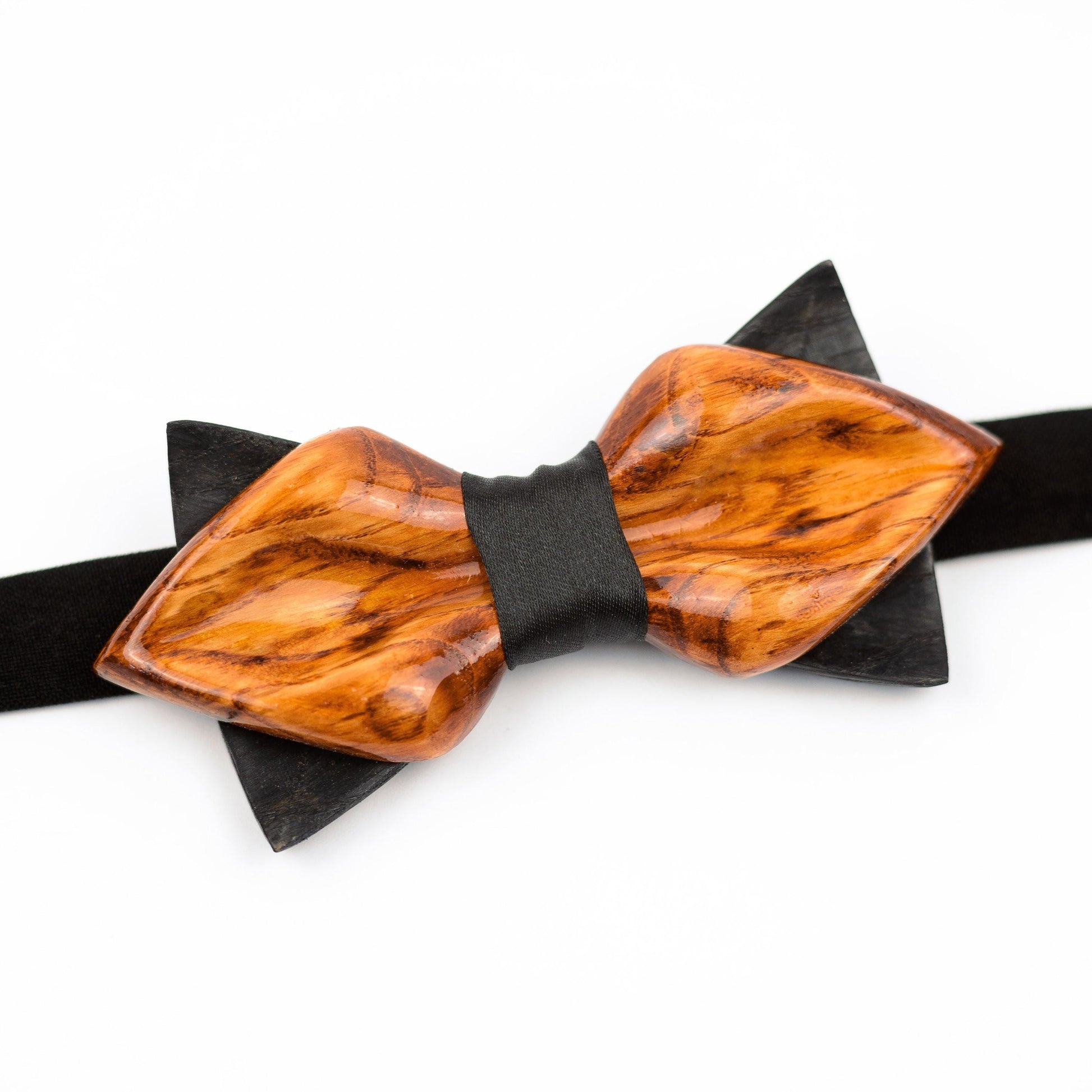 Front view of a boho wedding bowtie showing the unique wood texture.