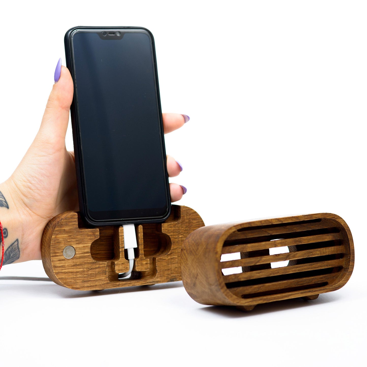 Compact wooden phone speaker with amplifier effect, perfect desk organizer and gift.