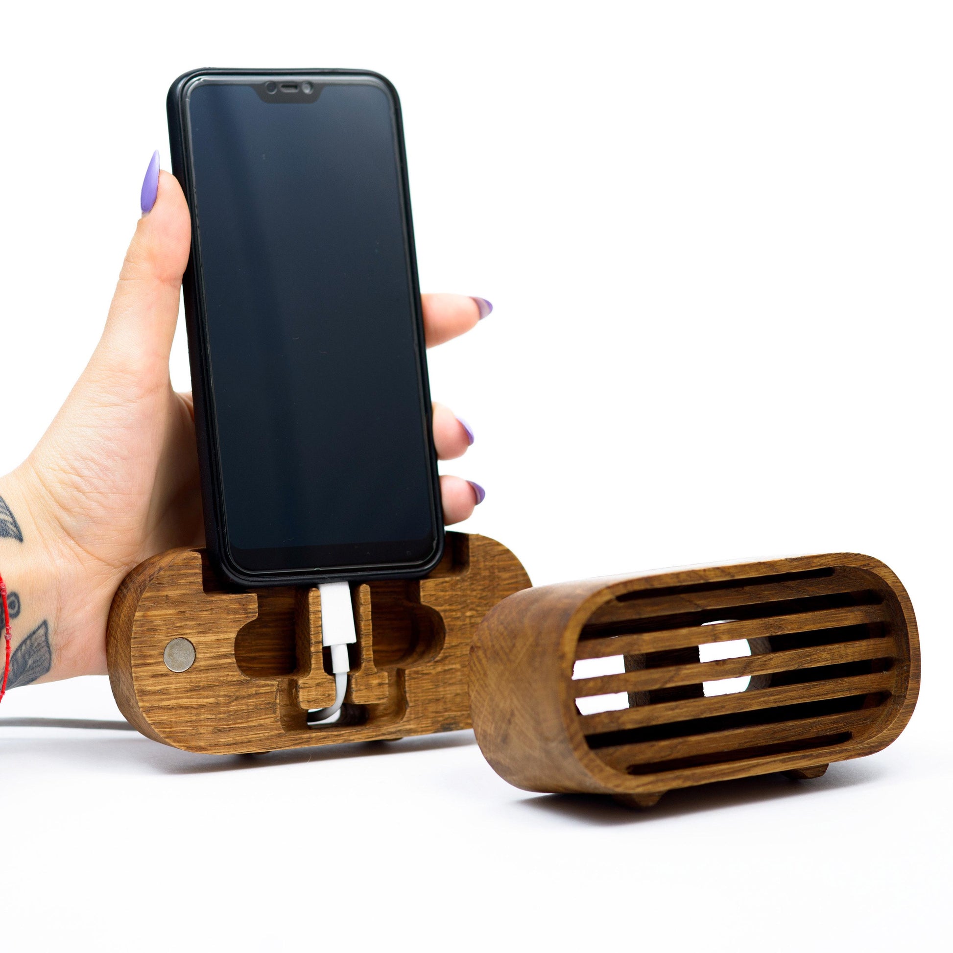 Compact wooden phone speaker with amplifier effect, perfect desk organizer and gift.