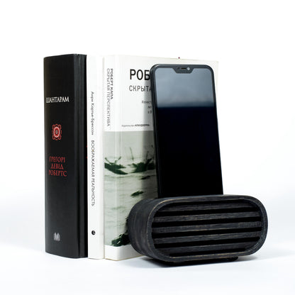 Compact wooden phone speaker with amplifier effect, perfect desk organizer and gift.