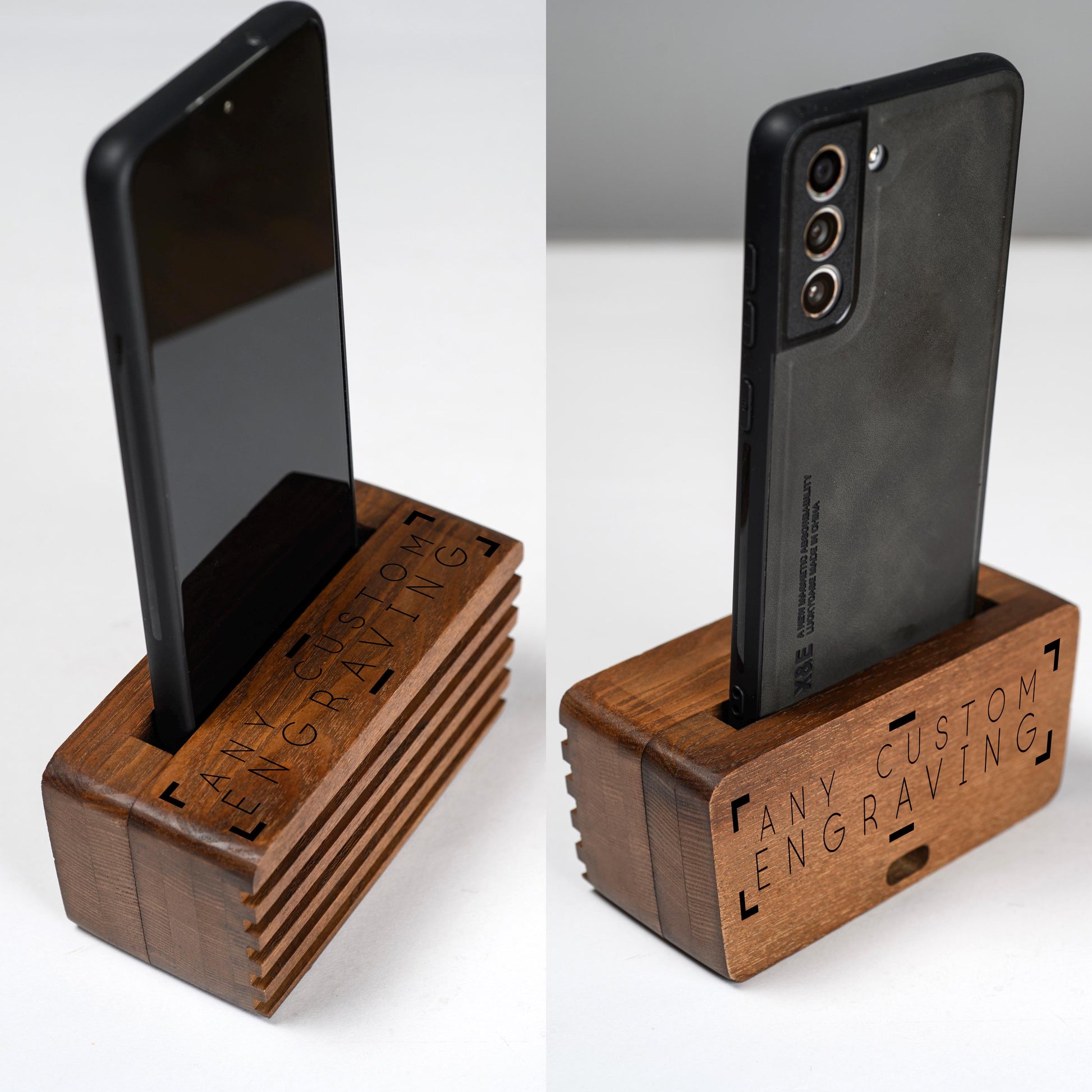 Personalized wooden phone speaker with custom engraving, perfect gift for anniversary or birthday.