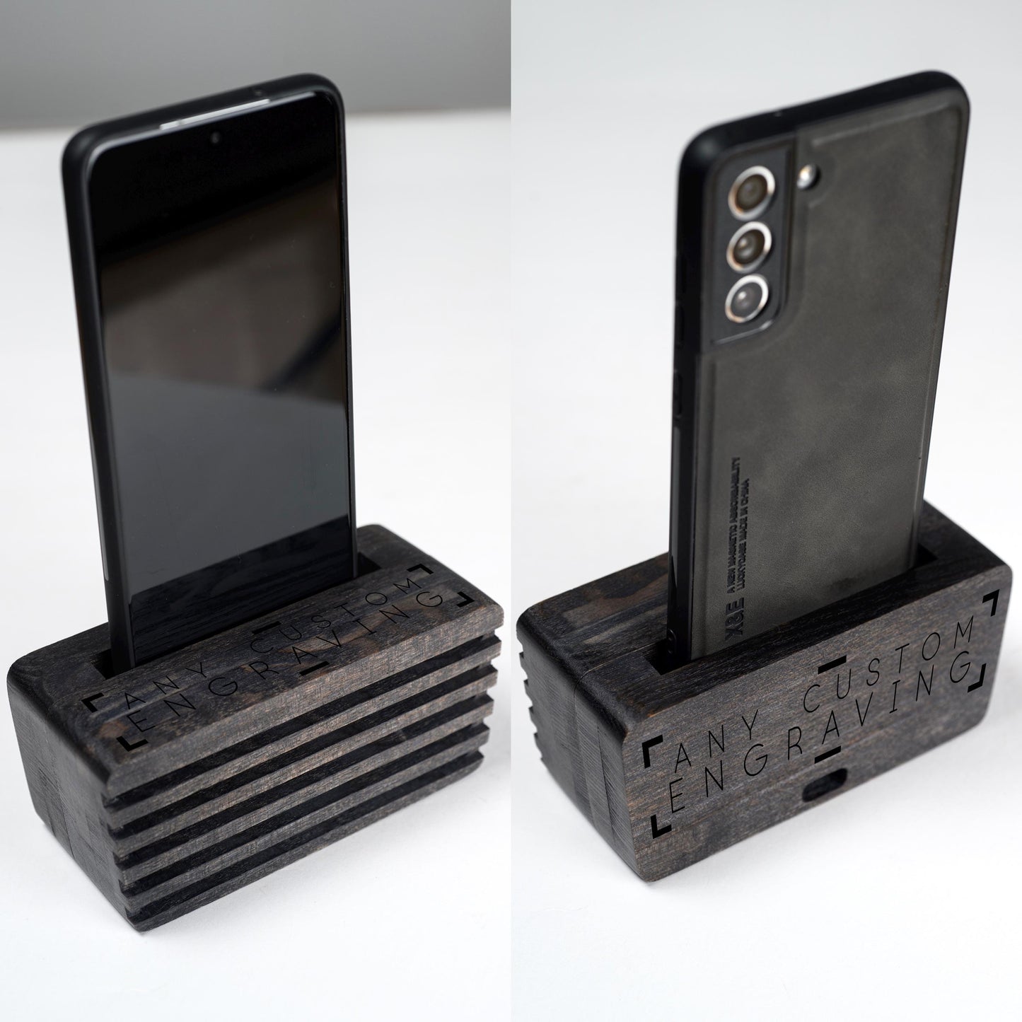 Personalized wooden phone speaker with custom engraving, perfect gift for anniversary or birthday.