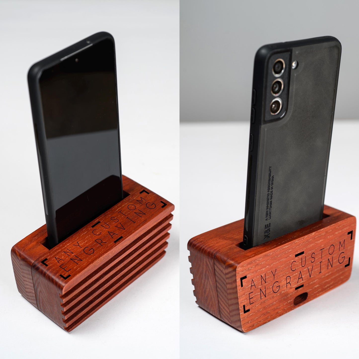 Personalized wooden phone speaker with custom engraving, perfect gift for anniversary or birthday.