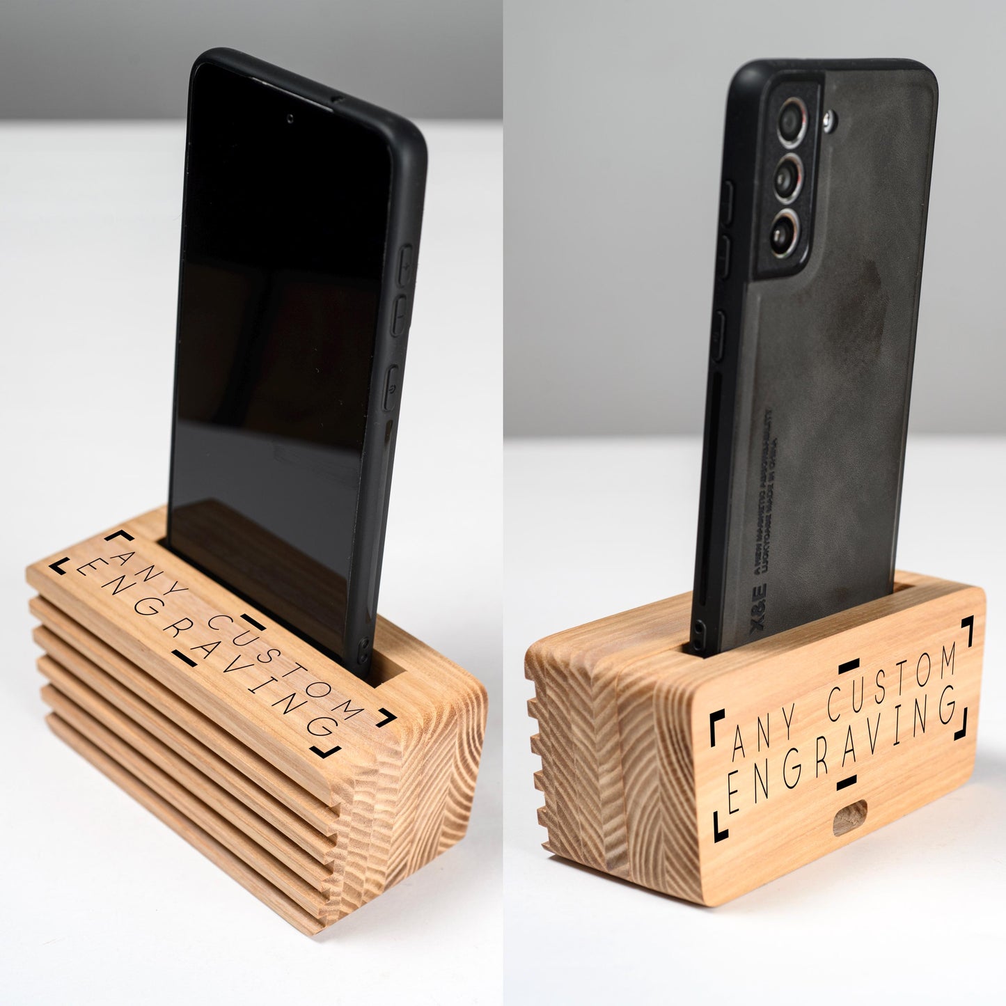 Personalized wooden phone speaker with custom engraving, perfect gift for anniversary or birthday.