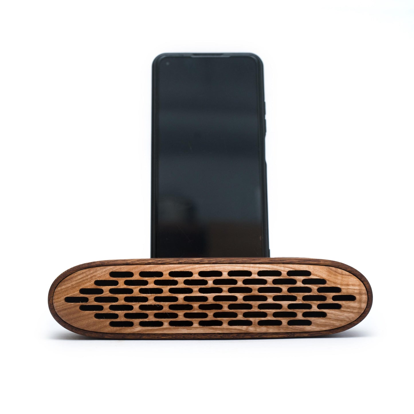 Smooth oak & ash wood phone holder – personalized desk accessory