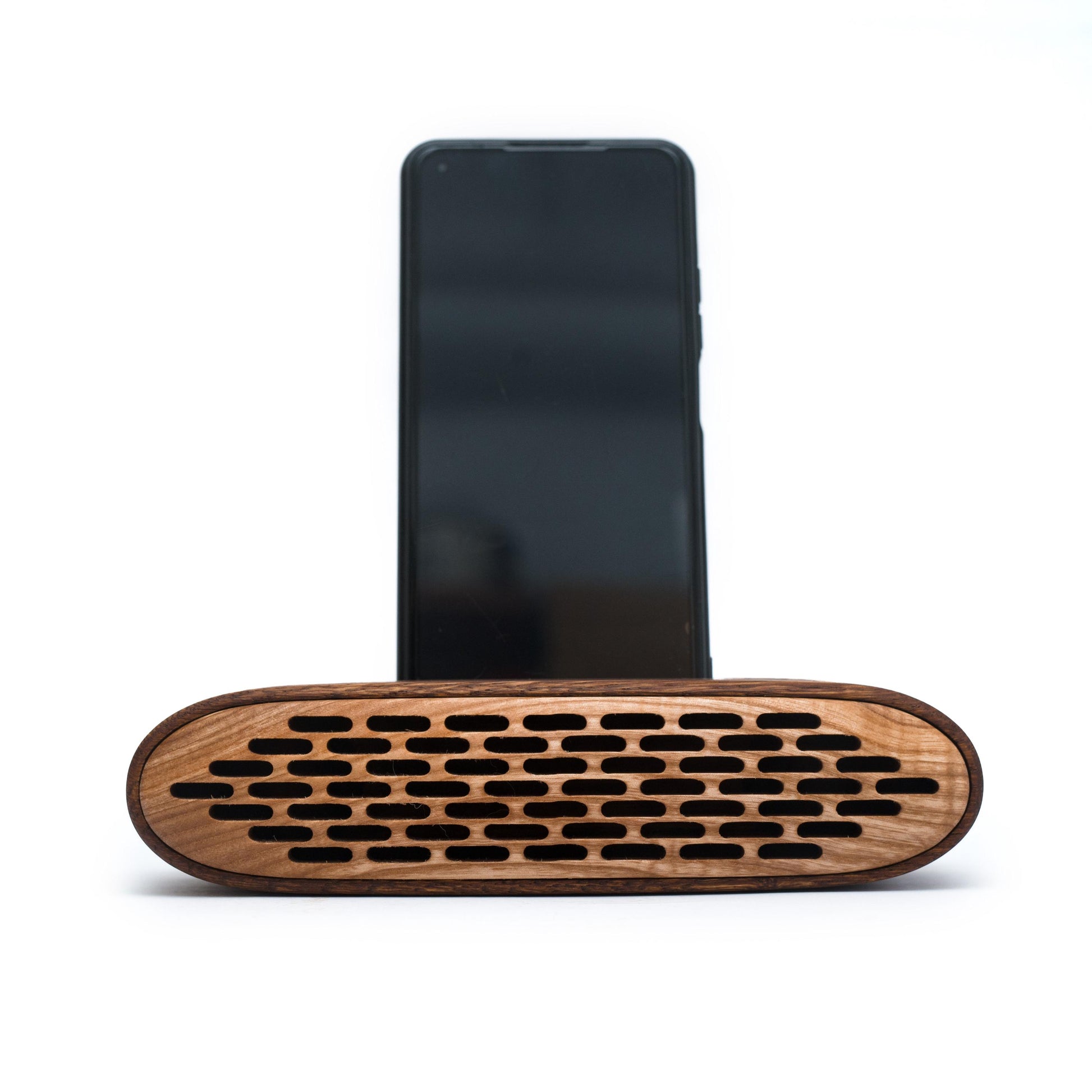 Smooth oak & ash wood phone holder – personalized desk accessory