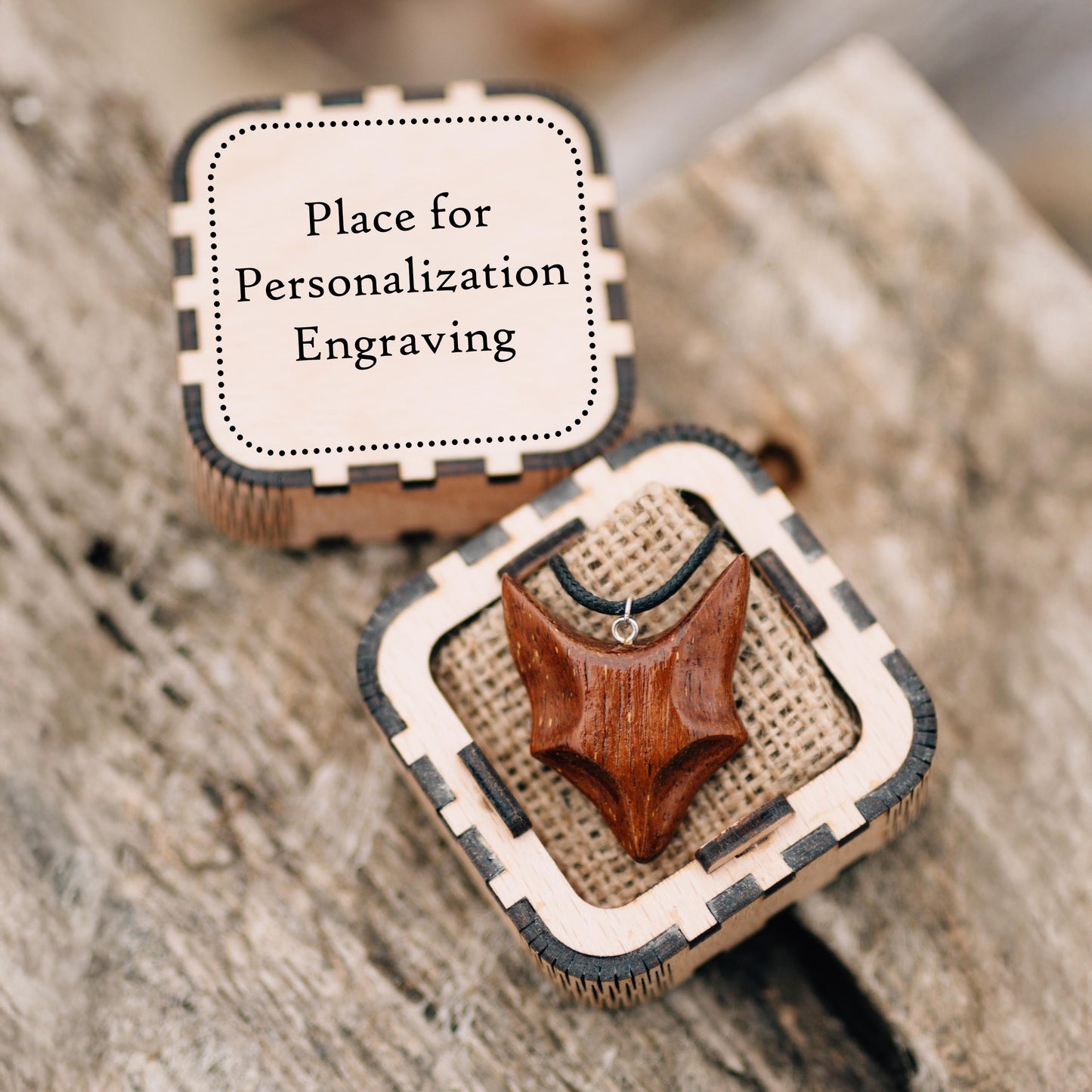 Personalized Merbau Wood Fox Necklace: Engraved Gift Box