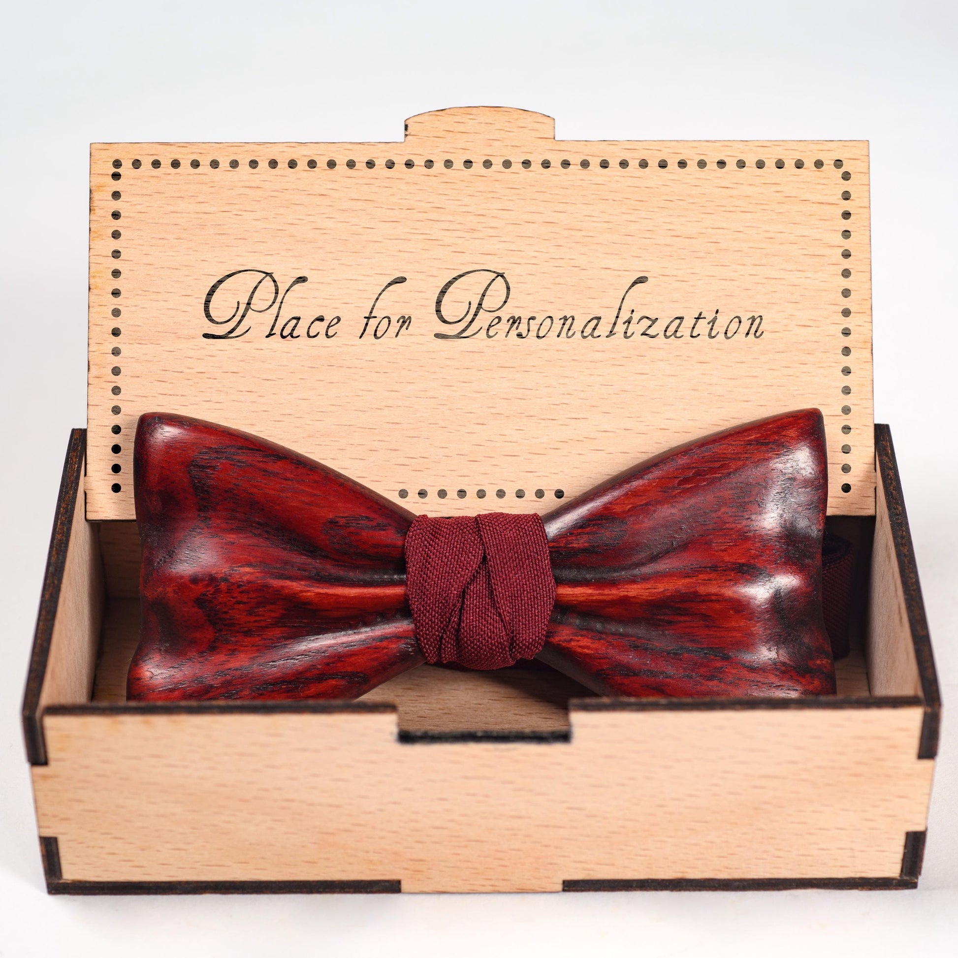 bowtir inside the wooden gift box with personalization engraving
