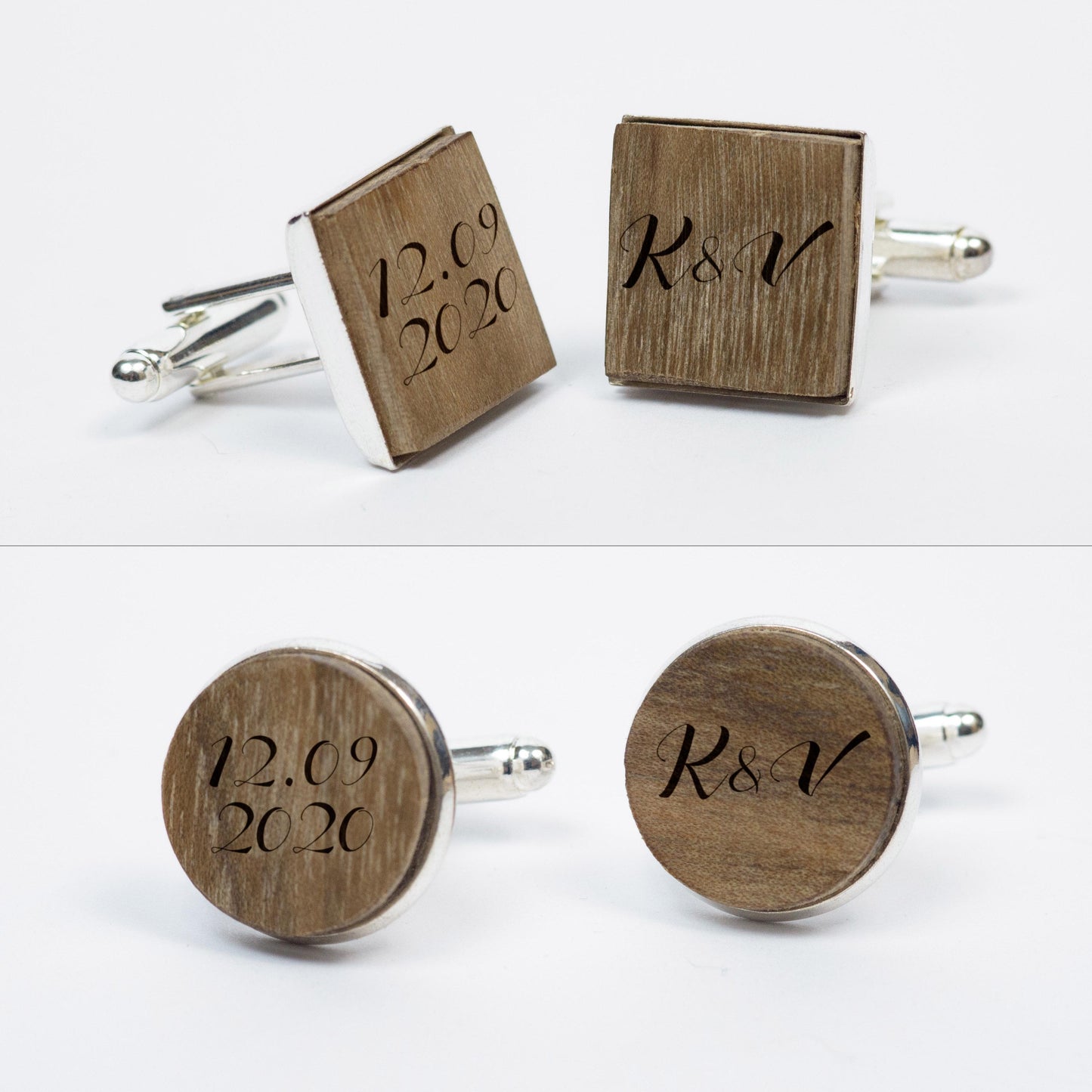 Engraved wooden cufflinks placed next to the bow tie, showcasing monogram personalization.