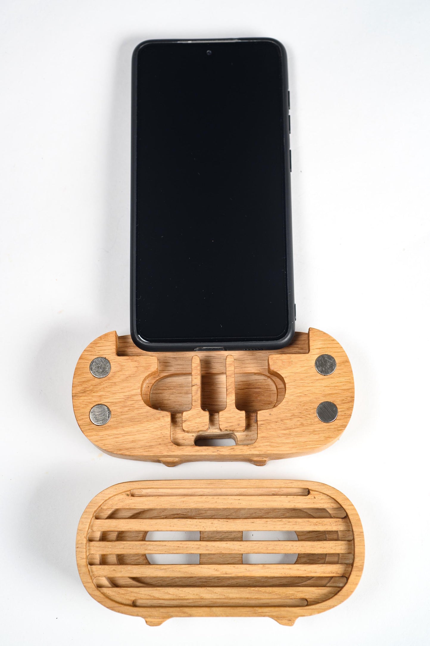 Hands Free Wood Phone Holder for Kitchen and Nightstand, Wooden Desktop Audio Stand