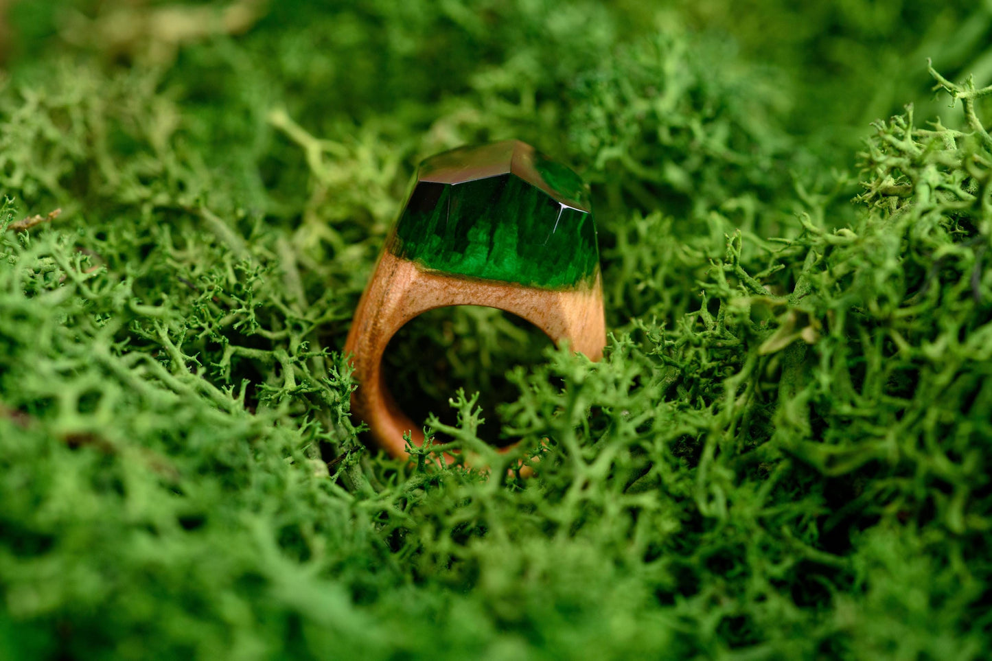 Emerald Green Resin Wood Ring, Handmade Anniversary Gift