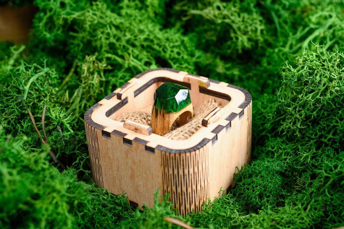 Emerald Green Resin Wood Ring, Handmade Anniversary Gift