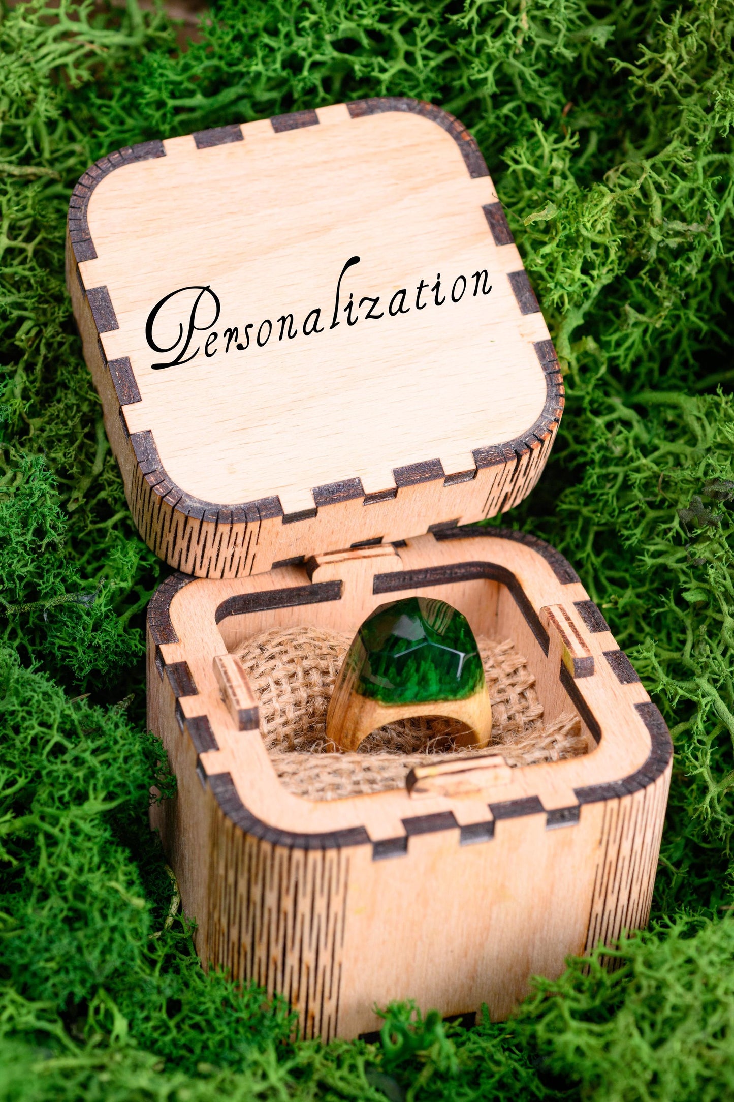 Emerald Green Resin Wood Ring, Handmade Anniversary Gift