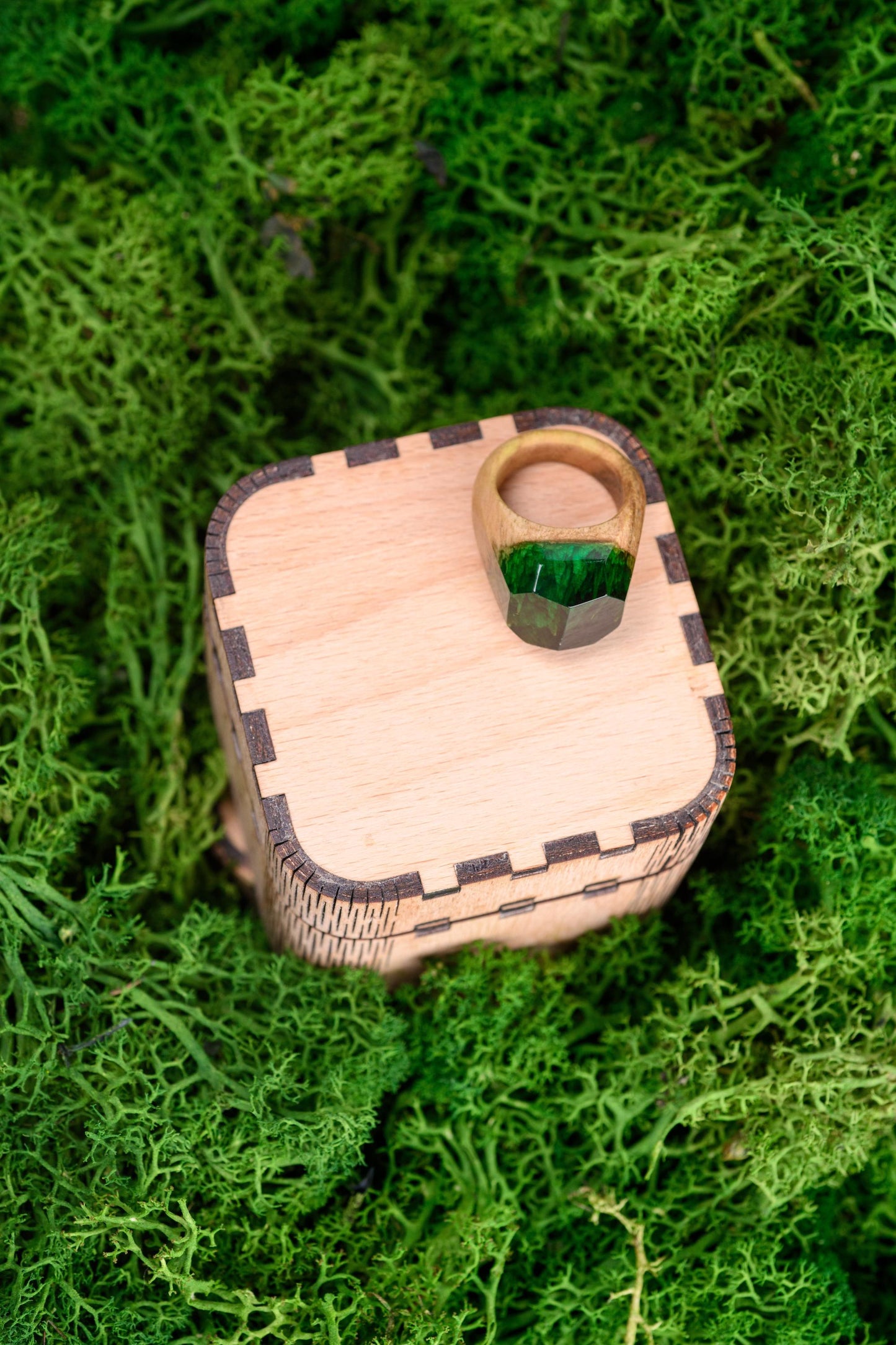 Emerald Green Resin Wood Ring, Handmade Anniversary Gift