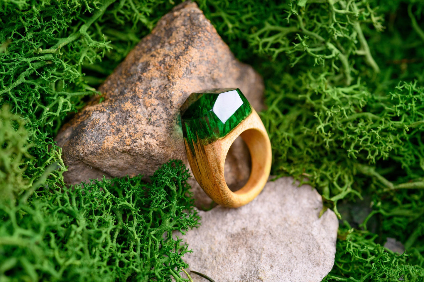 Emerald Green Resin Wood Ring, Handmade Anniversary Gift