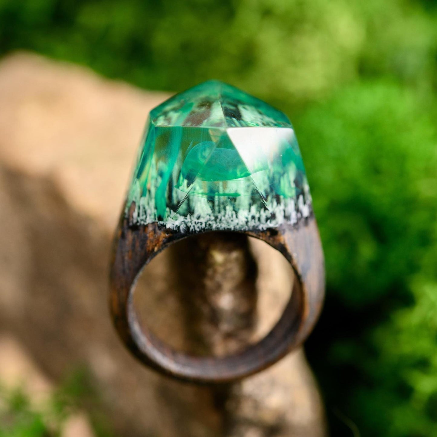 Green Northern Lights Oak Wood Ring, Aurora Borealis Resin Ring