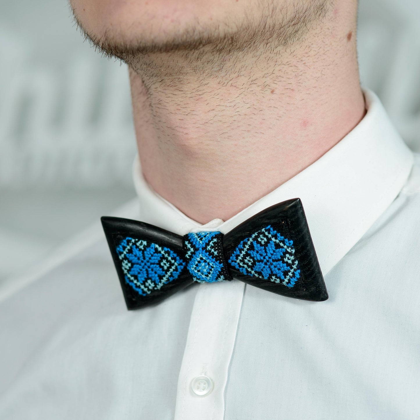 Ukraine Ornament Wooden Bow Tie: Ash Wood, Embroidered