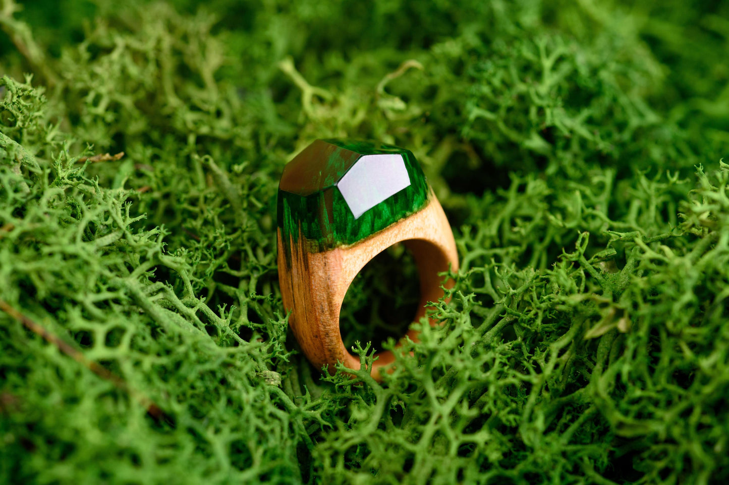 Emerald Green Resin Wood Ring, Handmade Anniversary Gift