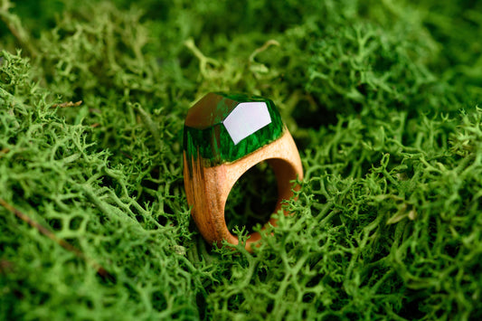 Emerald Green Resin Wood Ring, Handmade Anniversary Gift