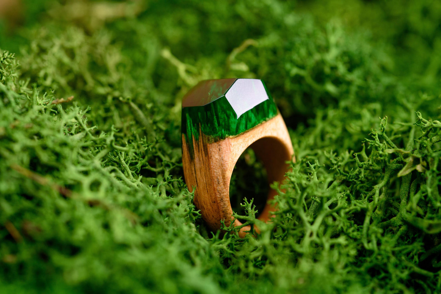 Emerald Green Resin Wood Ring, Handmade Anniversary Gift