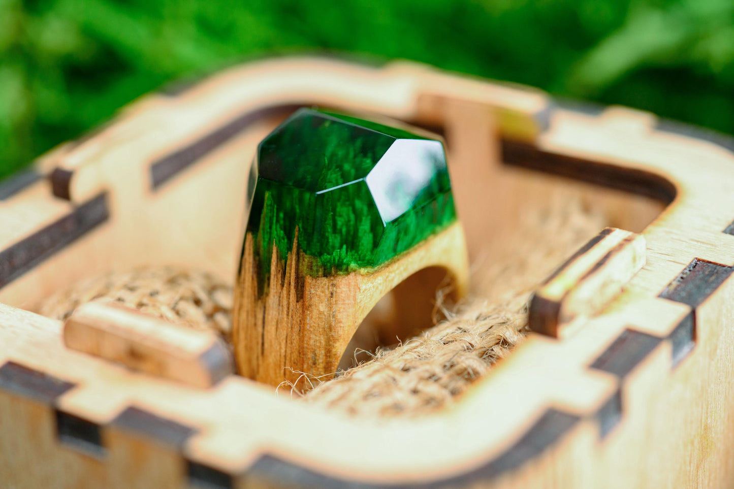 Emerald Green Resin Wood Ring, Handmade Anniversary Gift
