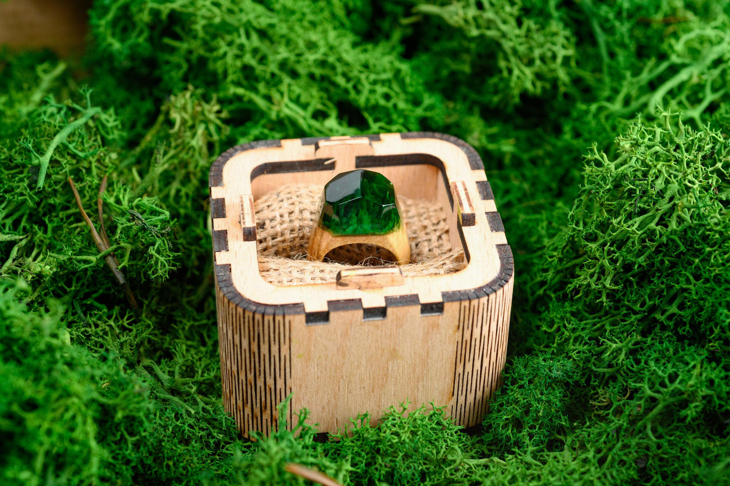 Emerald Green Resin Wood Ring, Handmade Anniversary Gift