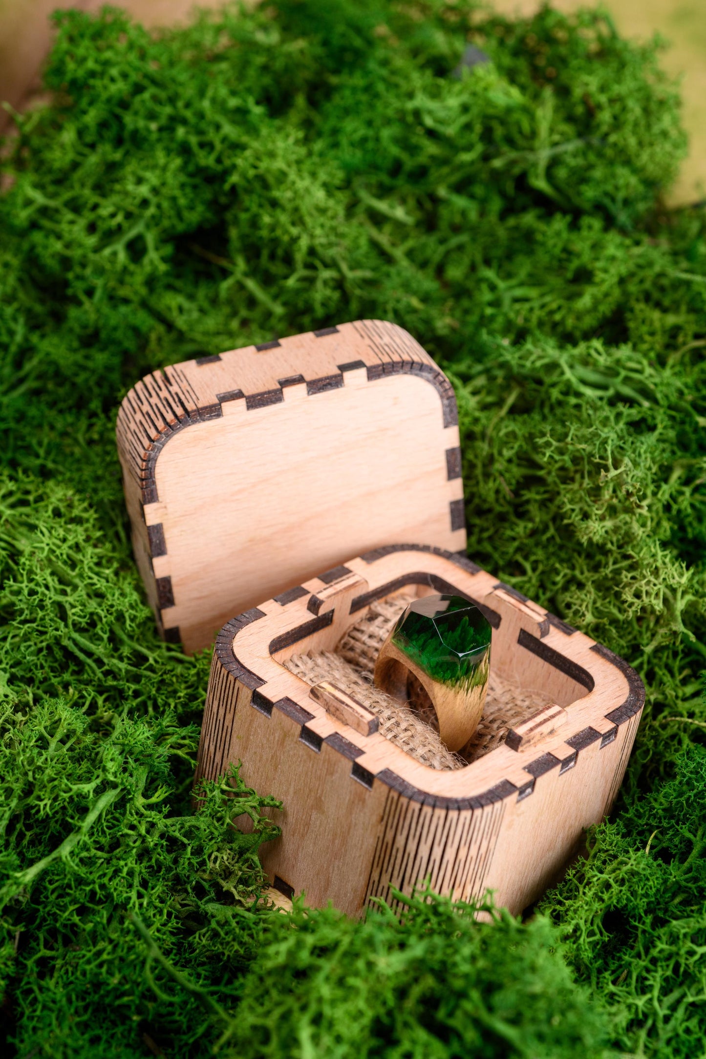 Emerald Green Resin Wood Ring, Handmade Anniversary Gift