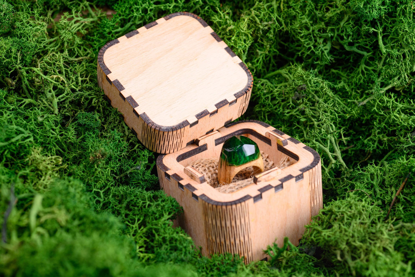 Emerald Green Resin Wood Ring, Handmade Anniversary Gift
