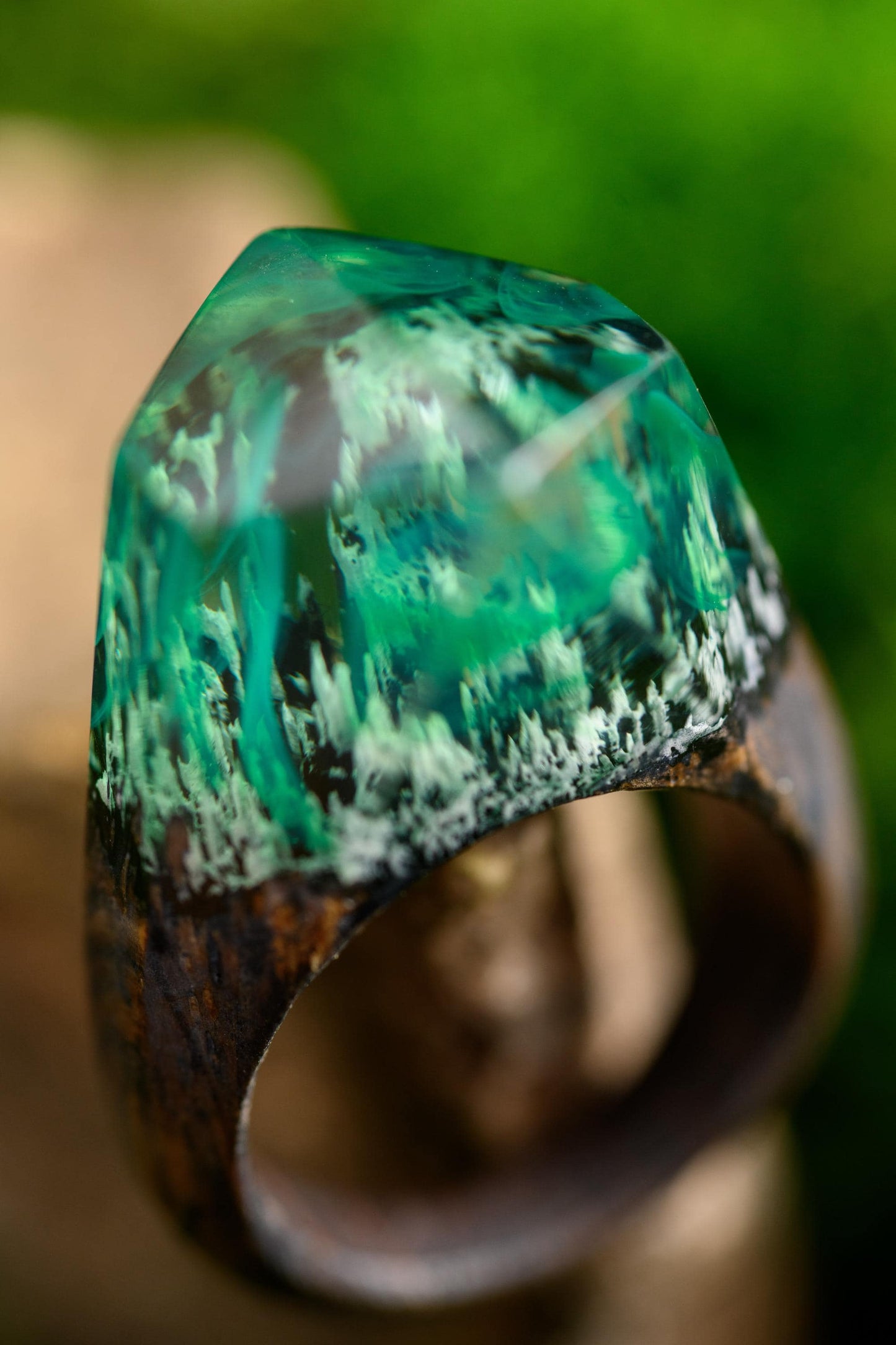 Green Northern Lights Oak Wood Ring, Aurora Borealis Resin Ring