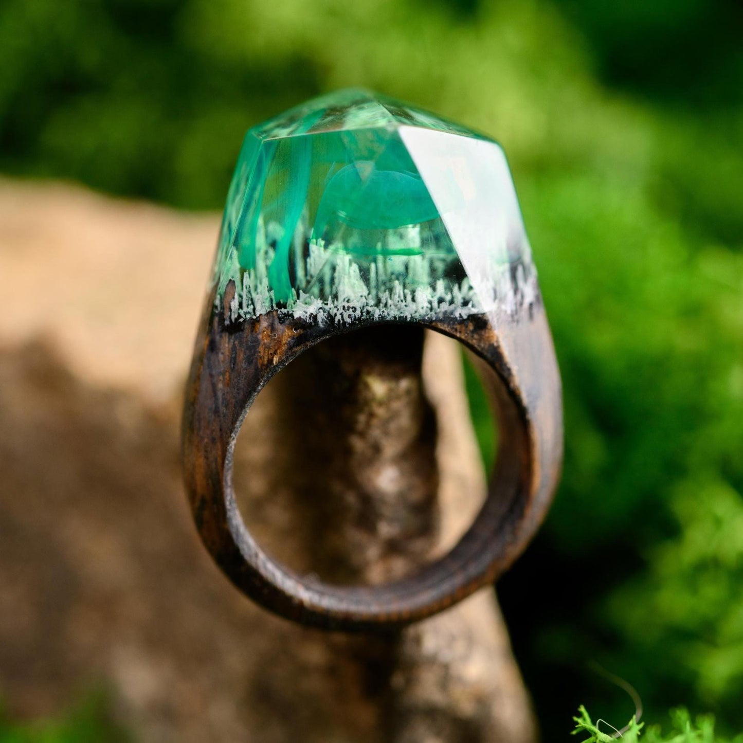 Green Northern Lights Oak Wood Ring, Aurora Borealis Resin Ring