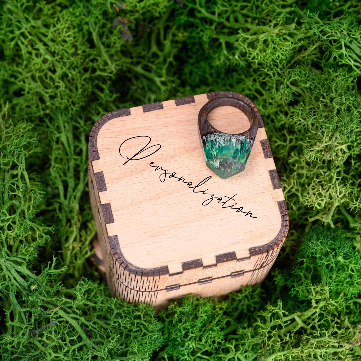 Green Northern Lights Oak Wood Ring, Aurora Borealis Resin Ring