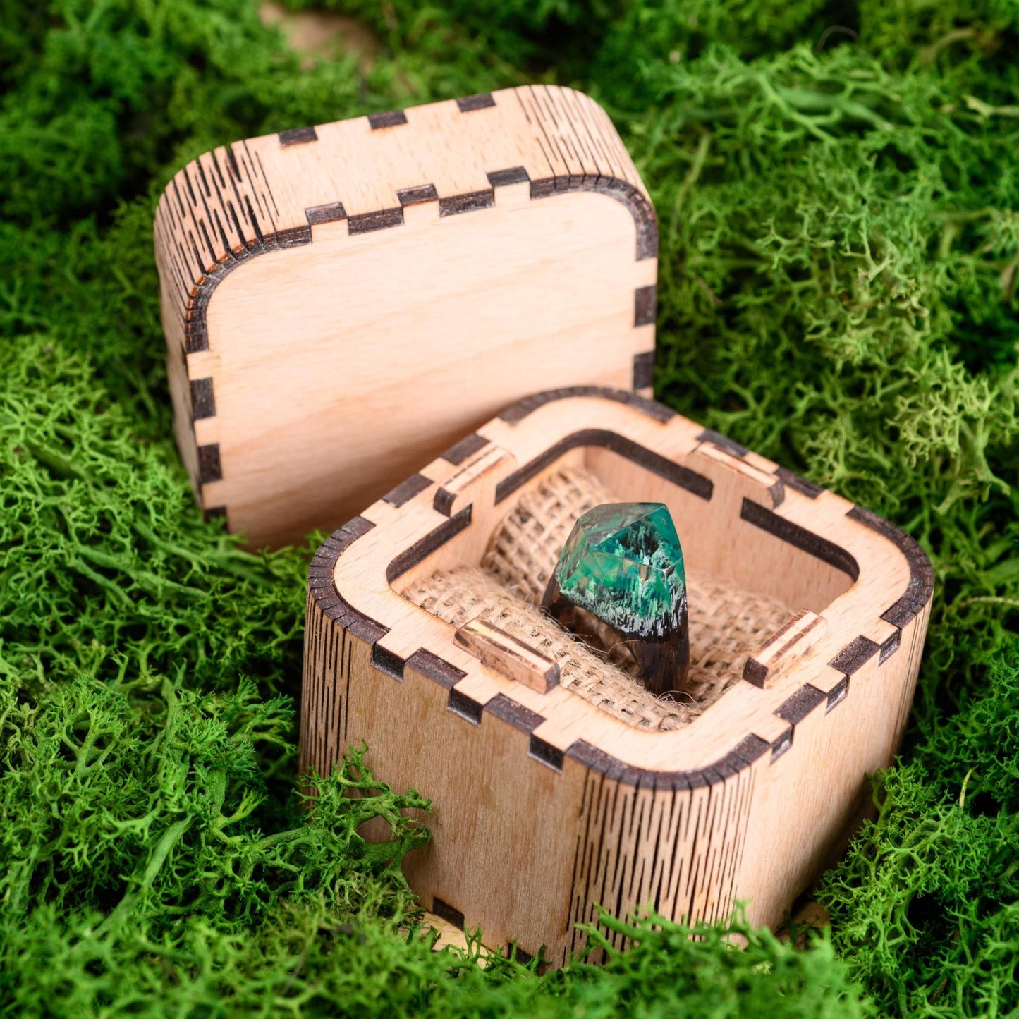 Green Northern Lights Oak Wood Ring, Aurora Borealis Resin Ring
