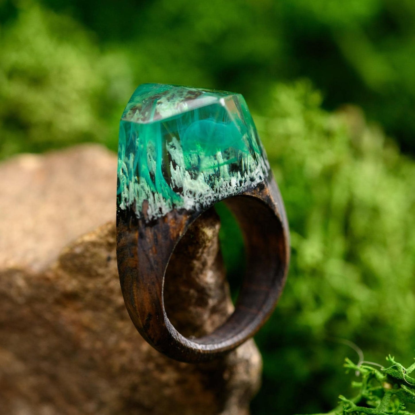 Green Northern Lights Oak Wood Ring, Aurora Borealis Resin Ring